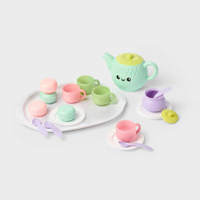 Gigglescape 21-piece plastic kids tea set with smiley face teapot, teacups, plates, tray and play macarons for toddlers