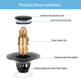 Matte black pop-up bathroom sink drain stopper and strainer basket, round, stainless steel and brass construction - view 4