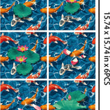 Six square fish in water self-adhesive vinyl wall decals in blue, each 15.74x15.74 inches, shown applied to a wall - view 2