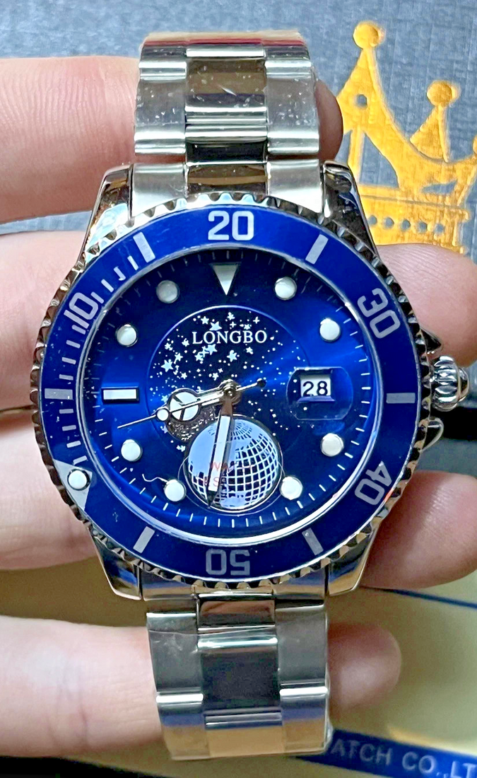 LONGBO men's silver stainless steel quartz analog wristwatch with round blue dial and date indicator