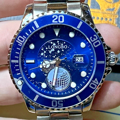 LONGBO men's silver stainless steel quartz analog wristwatch with round blue dial and date indicator