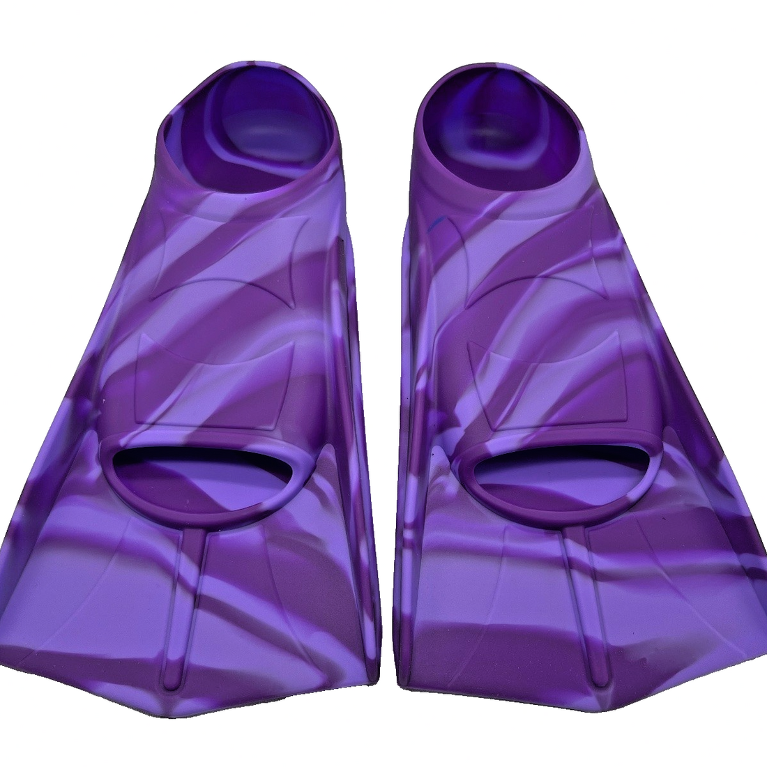 Pair of colorful rainbow silicone short-blade swim training fins for kids and adults on white background