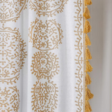 Two white and gold sheer cotton Indian mandala boho curtains with pom pom lace trim, 87 inches long by 41 inches wide - view 5