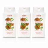 Three 15 fl oz Sea Salt and Cedar Body Wash bottles, new and unopened, gluten paraben and dye free formula