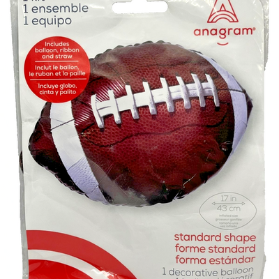 Anagram 17-inch brown football-shaped metallic foil balloon with white laces and field stripes, shown inflated