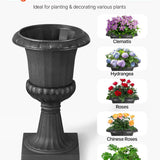 Two black PP plastic pedestal urn planters 9.8x16.5 inches displayed on a patio, VEVOR classic style flower pots - view 2