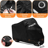 Black OPAMOO waterproof motorcycle cover draped over a full-size motorcycle outdoors, 96-inch universal fit heavy duty - view 4