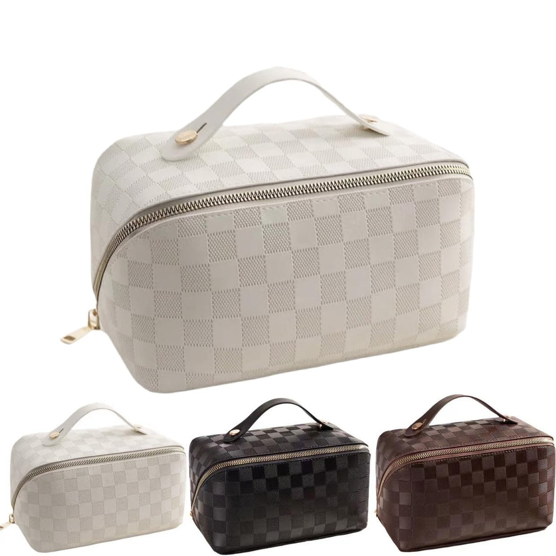 White checkered PU leather makeup bag open 180 degrees flat showing dual compartments and interior pockets, BIVIZKU cosmetic organizer