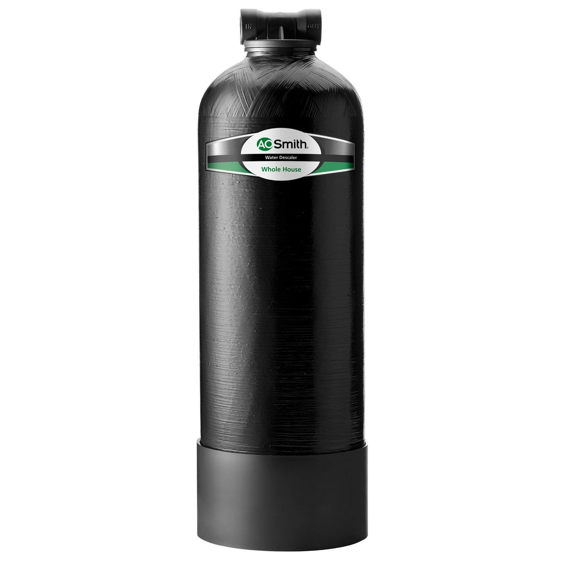 A.O. Smith AO-WH-DSCLR black fiberglass whole house salt-free descaler unit with 3/4-inch inlet and outlet fittings