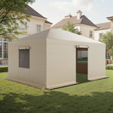 Beige VEVOR winter gazebo cover fitted over a 12x16 ft hardtop gazebo with mesh roll-up windows and floor skirt