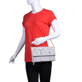 Urban Expressions dove gray perforated vegan leather clutch bag with gold chain strap and fold-over zip flap closure - view 4
