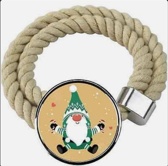 Two beige cotton rope Christmas curtain tiebacks with Santa Claus patterns, 16.4 inches, laid flat on white surface
