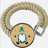 Two beige cotton rope Christmas curtain tiebacks with Santa Claus patterns, 16.4 inches, laid flat on white surface