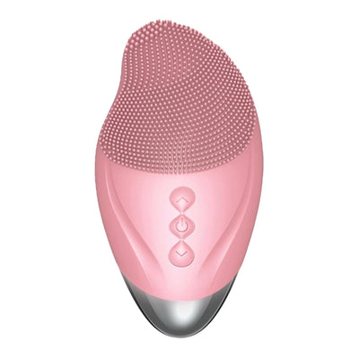 Pink Farsaw silicone facial cleansing brush with heated eye massager attachment, USB rechargeable, waterproof design
