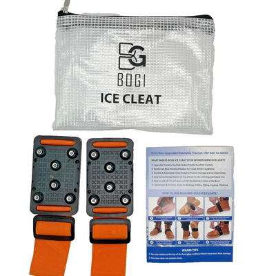 BOGI black and orange rotatable mid-sole ice cleats with tungsten carbide spikes and adjustable elastic buckle straps