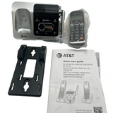 AT&T BL102-2 DECT 6.0 cordless phone handset and base unit in silver and black with backlit display