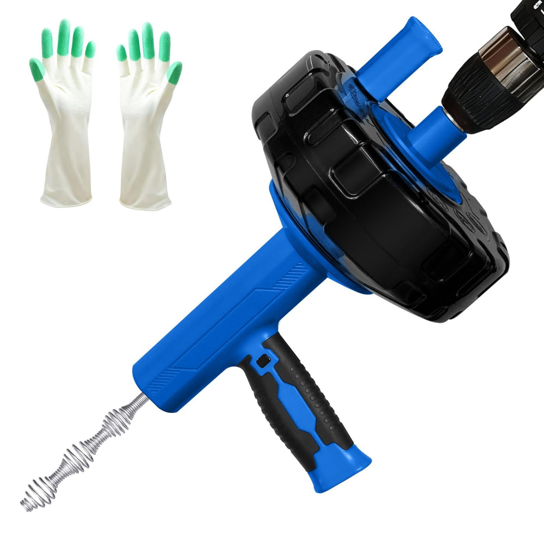 Drainsoon blue 33ft auto-feed drain auger with ABS drum, zinc-plated cable, and included safety gloves on white background