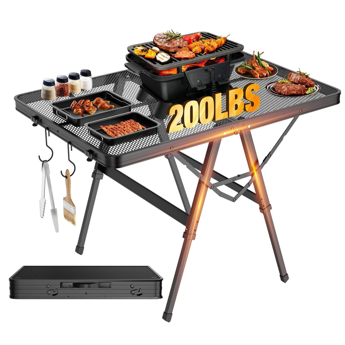 Raynesys portable folding grill table with aluminum mesh top and adjustable steel legs set up outdoors for camping