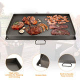 Black metal flat top griddle 14x32 inches with raised sides and grease drain groove for Camp Chef two-burner stove - view 4