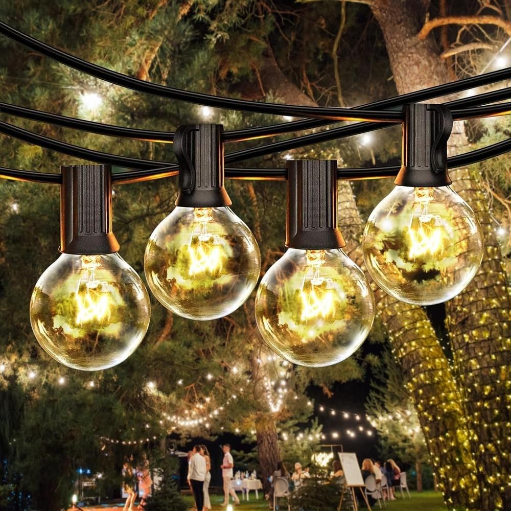 25-foot black cord outdoor G40 globe Edison bulb string lights hung on patio, warm white glow, waterproof