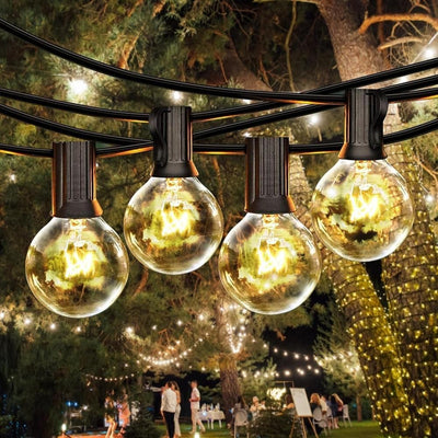 25-foot black cord outdoor G40 globe Edison bulb string lights hung on patio, warm white glow, waterproof