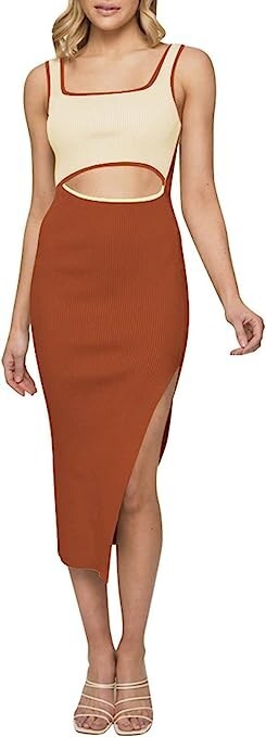 Women wearing red sleeveless ribbed bodycon midi dress with square neck and cutout front detail by Duigluw