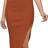 Women wearing red sleeveless ribbed bodycon midi dress with square neck and cutout front detail by Duigluw