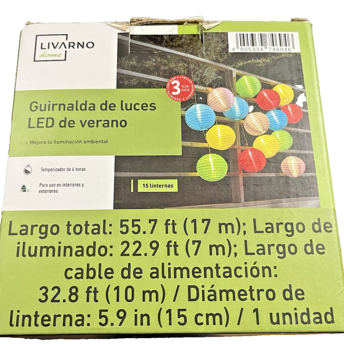 Livarno 55.7ft warm white LED string lights with 15 round fabric Chinese lanterns hanging outdoors on a patio