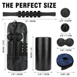 BORNEW 7-piece foam roller set including 12-inch roller, massage stick, peanut ball, spiky ball, and stretch strap - view 2