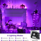 Brizled 200 LED purple Halloween string lights on black PVC wire spanning 72 feet outdoors at night - view 6