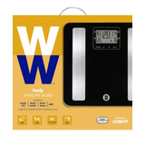 Weight Watchers WW702XF black tempered glass digital bathroom scale displaying body fat and BMI metrics - view 7