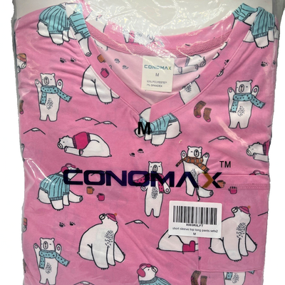CONOMAX pink polar bear print women's pajama set with V-neck short sleeve top and long pants, size M