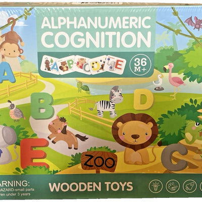 72-piece wooden Montessori alphabet and number toy set with A-Z letters, 1-10 numbers, and colorful animal and food matching tiles