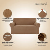 Easy-Going camel check jacquard stretch slipcover fitted over a 3-seater sofa with elastic bottom and smooth tailored coverage - view 3