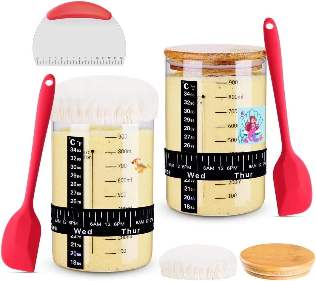 WOKEIO 2-pack 30oz wide mouth glass sourdough starter jars with wooden lids beside oval and round cotton rope proofing baskets