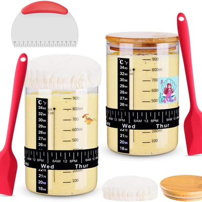 WOKEIO 2-pack 30oz wide mouth glass sourdough starter jars with wooden lids beside oval and round cotton rope proofing baskets