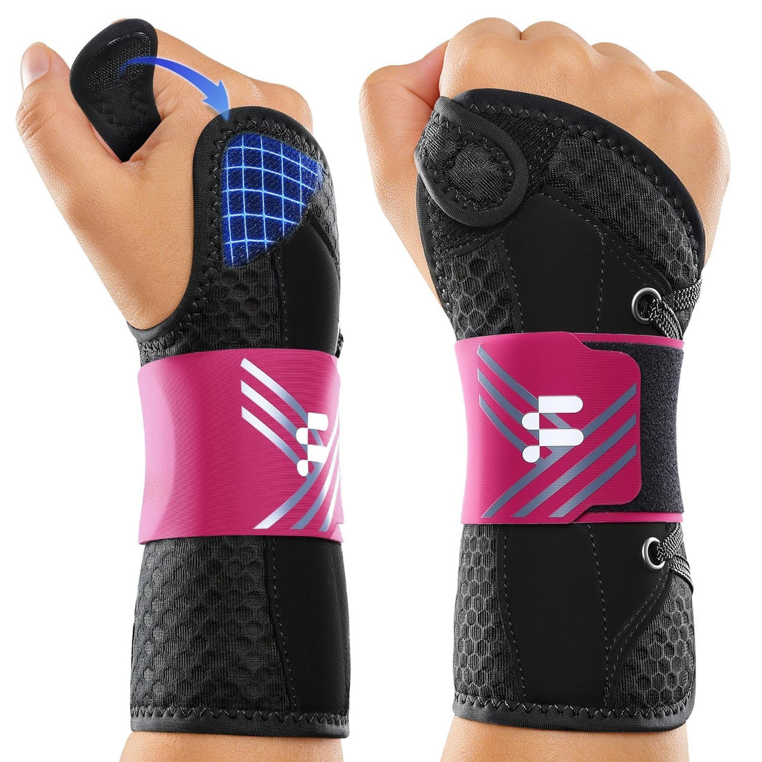 Fitomo rose-colored adjustable wrist brace with open thumb splint and hook-loop strap, size S/M, on white background