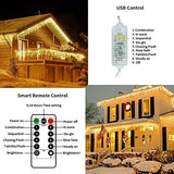 Warm white LED icicle lights with 72 hanging drops strung along a roofline outdoors, Christmas icicle lights 360 LED 18.57ft - view 3