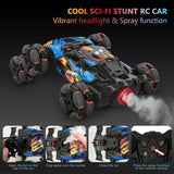 6-wheel double-sided RC stunt drift car with LED lights and mist spray effect, multi-color, shown with remote control - view 8
