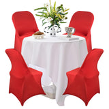 Set of 10 red stretch spandex fitted folding chair covers with elastic bands displayed on white folding chairs - view 3