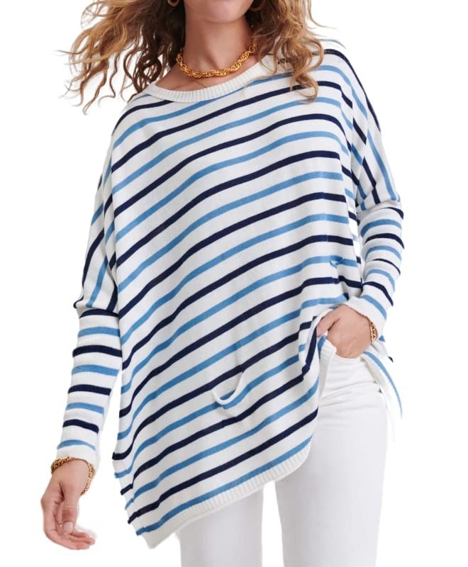 REDMORE women's red oversized striped crewneck long sleeve poncho knit pullover sweater with loose relaxed fit