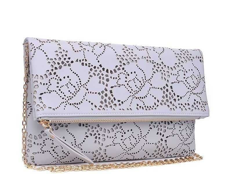 Urban Expressions dove gray perforated vegan leather clutch bag with gold chain strap and fold-over zip flap closure