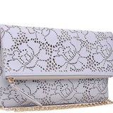 Urban Expressions dove gray perforated vegan leather clutch bag with gold chain strap and fold-over zip flap closure
