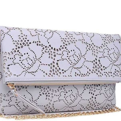 Urban Expressions dove gray perforated vegan leather clutch bag with gold chain strap and fold-over zip flap closure