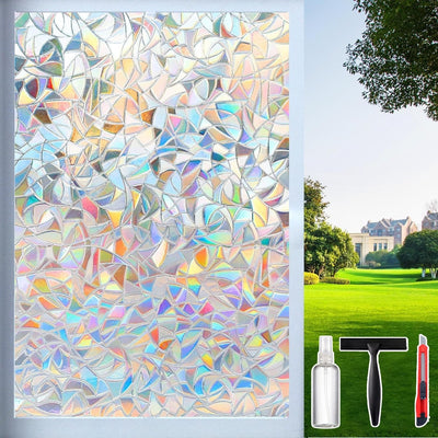Rainbow static cling window film applied to glass creating multicolor stained-glass effect, 17.5 by 78.74 inches, by Dwersty