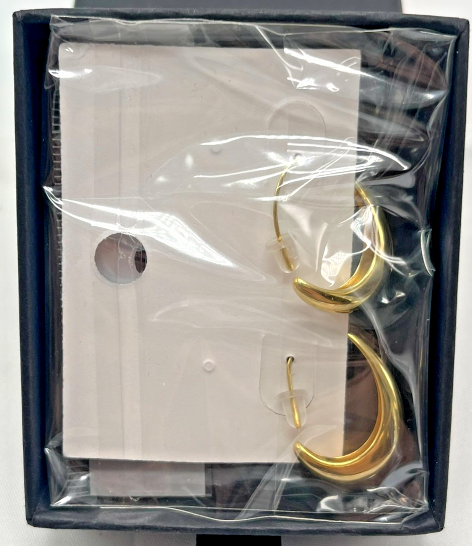 STARONE 14K gold plated chunky moon half hoop earrings on a white surface, bold crescent hoop design