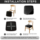 Four navy blue jacquard stretch dining chair seat covers with anti-slip straps laid flat and fitted on chairs - view 4