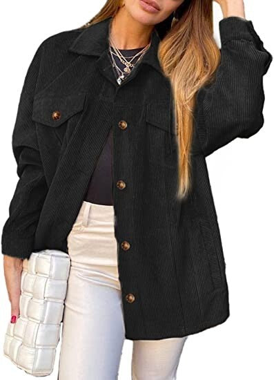 Simplee women's black corduroy shacket jacket with button front, collared neckline, and four pockets, size Large