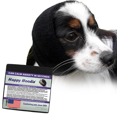 Two black Happy Hoodie small calming bands for dogs and cats, designed for noise anxiety relief during grooming