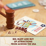 Big Potato Zillionaires Road Trip USA board game box with wooden gavel, property cards and money notes for 2-5 players - view 3